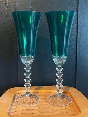 Mikasa Gemstone Emerald Green Fluted Champagne Glasses, Pair